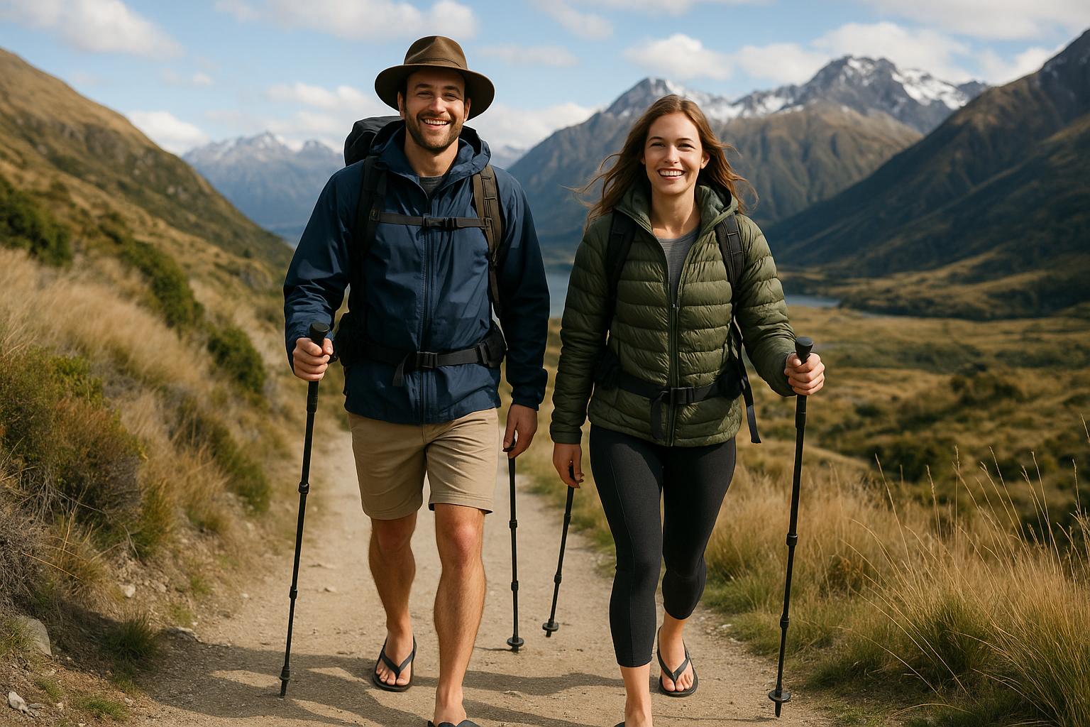 A couple in their 30s trekking with gear, walking sticks, hat, and jandals in New Zealand scenery