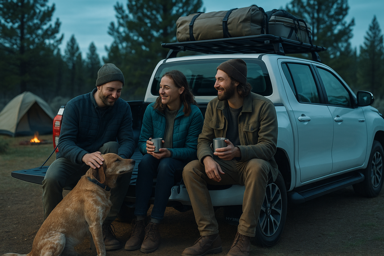 Camping scene with electric/hybrid Toyota Hilux