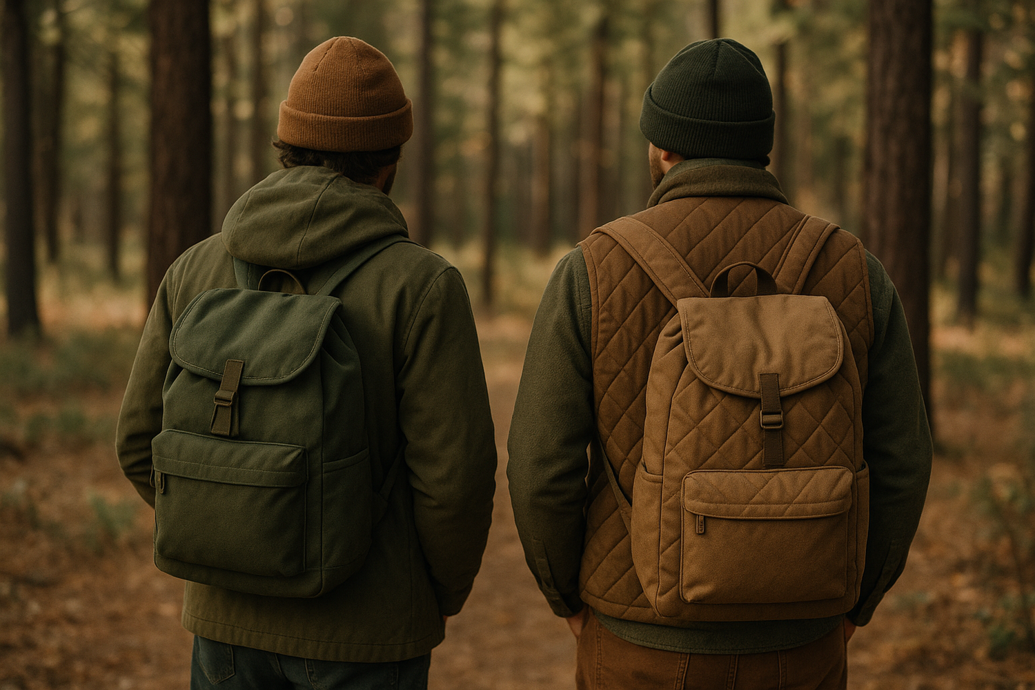 Outdoor scene with earthy toned camping apparel