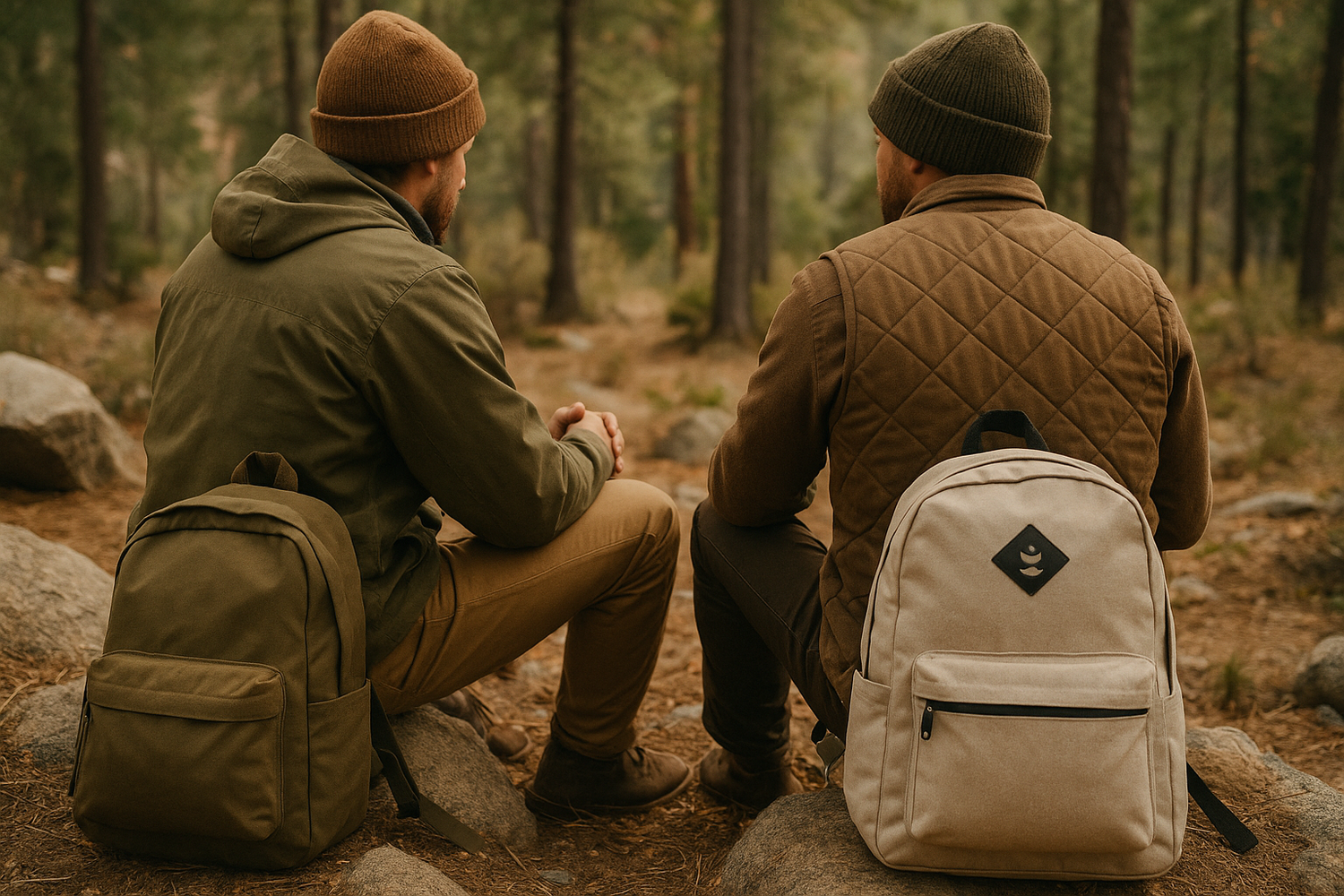 Outdoor scene with people sitting in earthy toned camping apparel